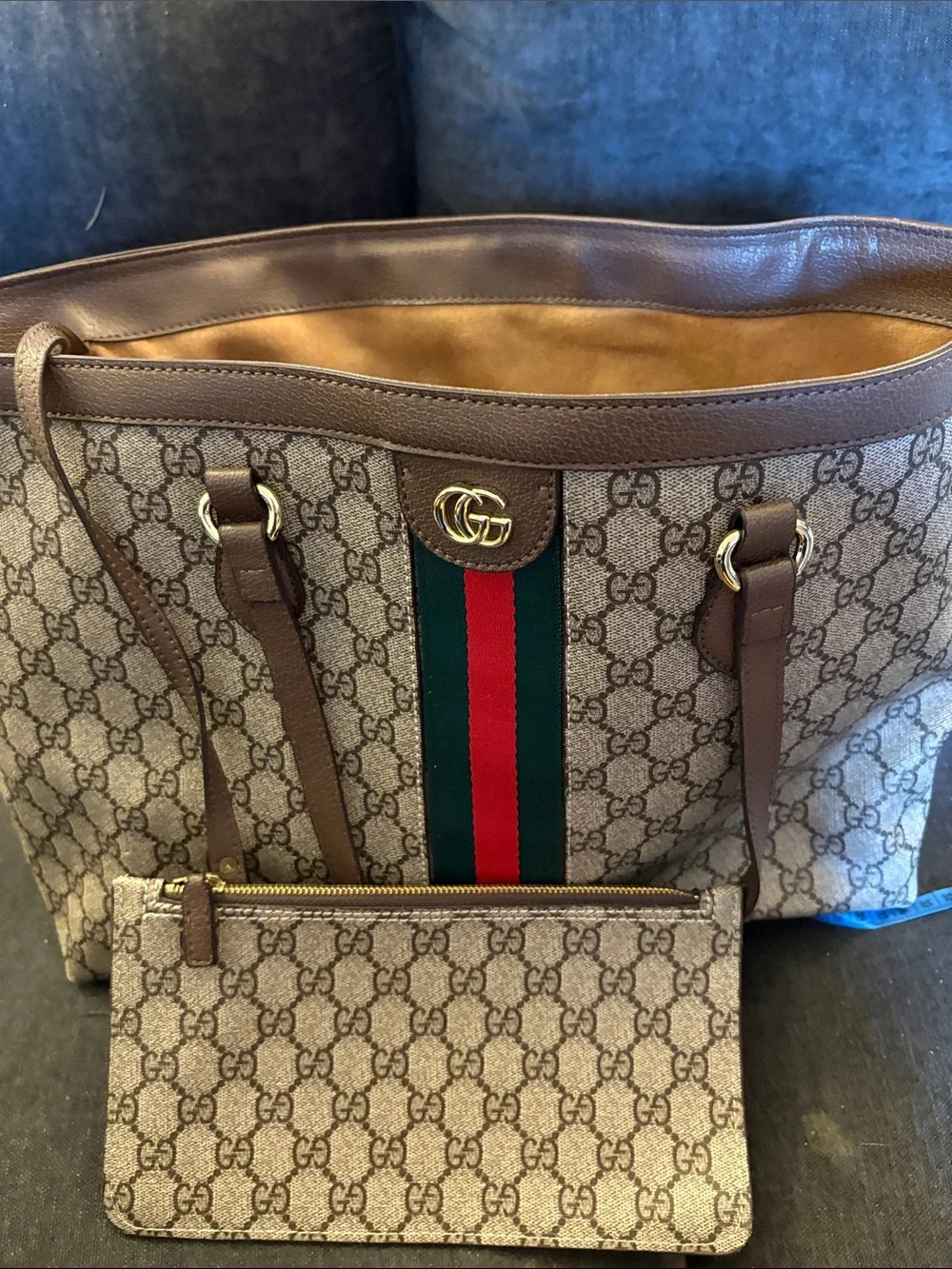 Gucci Beige GG Supreme Canvas Tote with Brown Trim and Green-Red Stripe